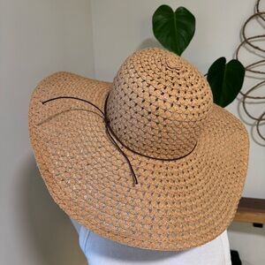 Straw Wide Brim Sun Hat Boho Beach Vacation Hat Brown Cord